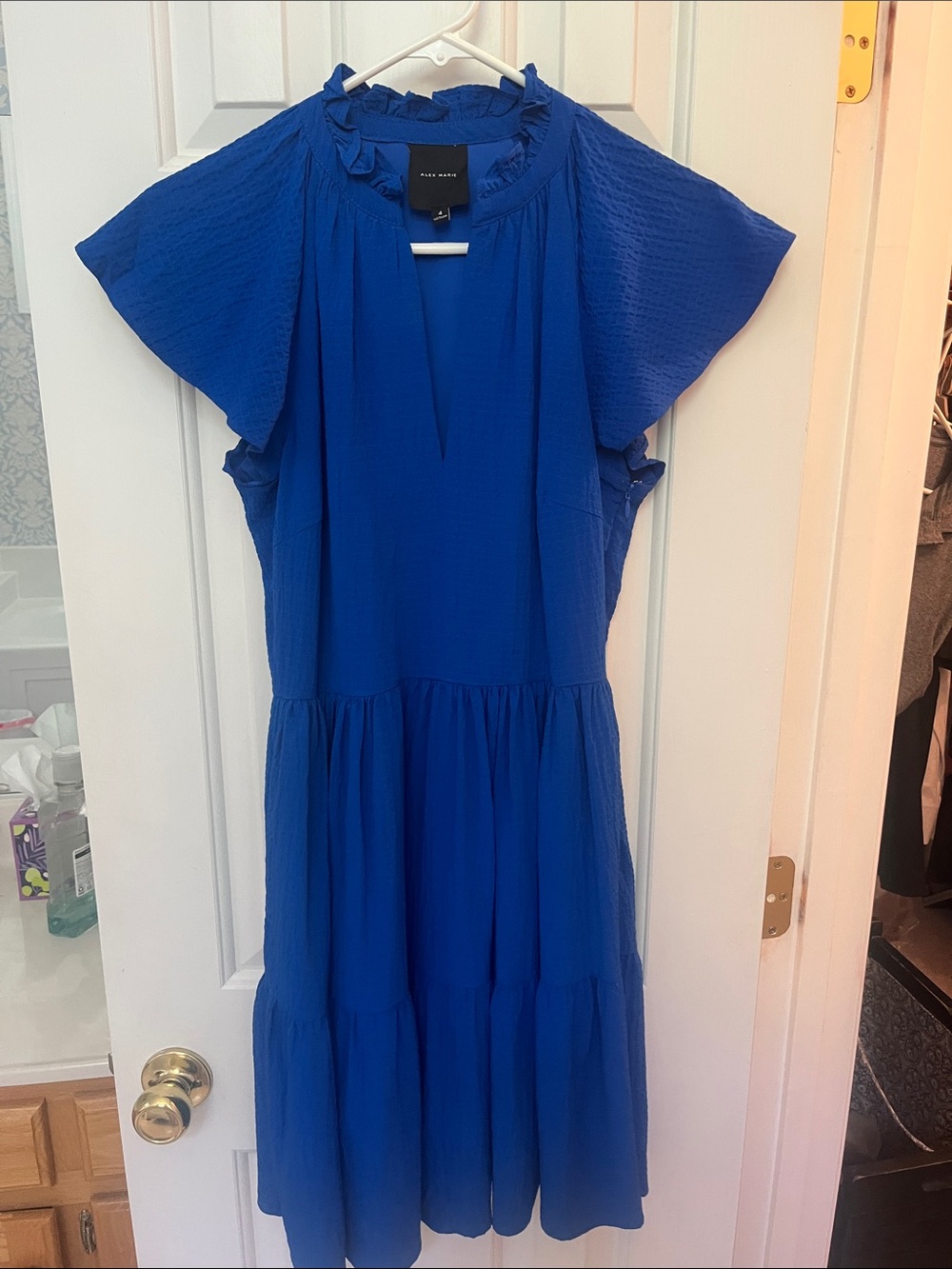 Alex Marie Cobalt Blue Tiered Midi Dress with Ruffle Neck